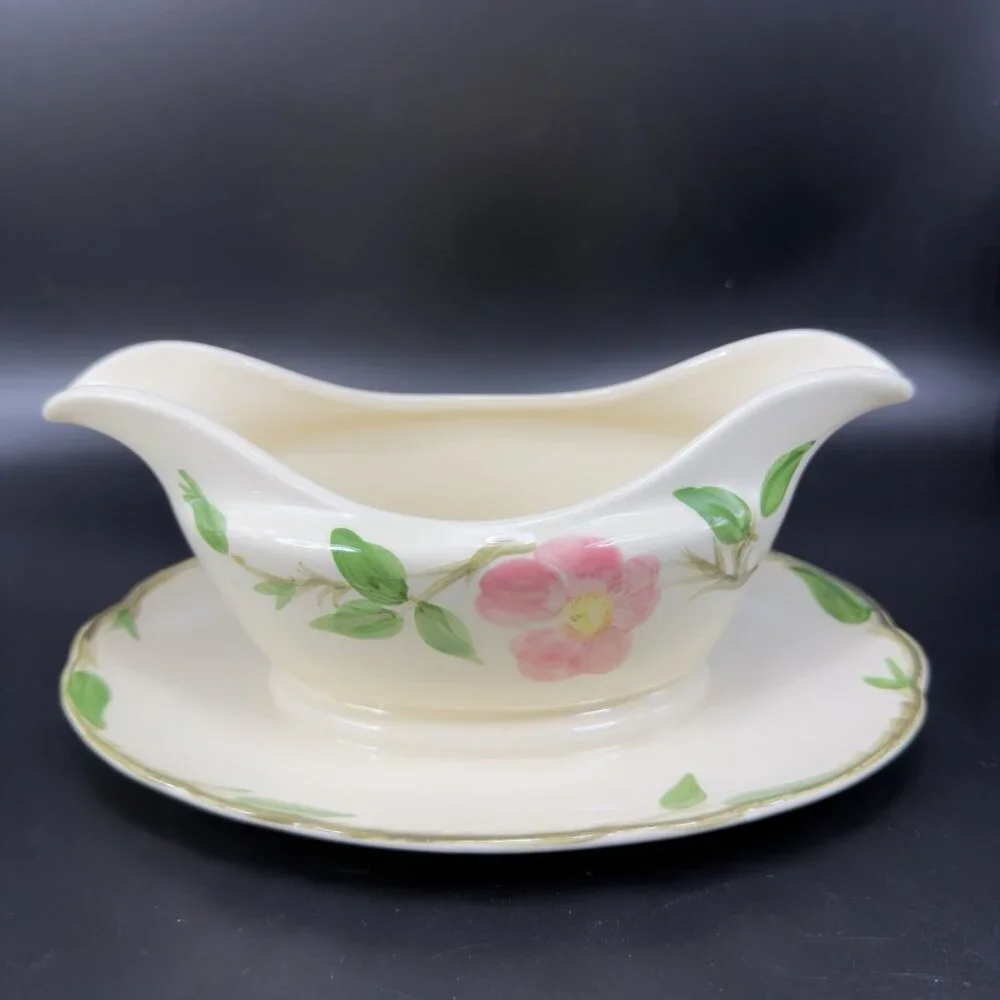 Franciscan Pottery Desert Rose Gravy Boat Attached Plate Dish‎ Salsa Bowl Marked